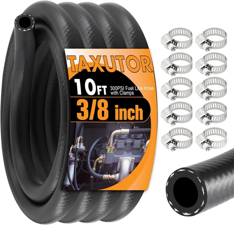 Taxutor 3/8 Inch ID Fuel Hose 10FT - Professional Grade SAE 30R7 Kit with 10 Clamps - High Pressure 300PSI for Gas, Oil, Diesel Lines in Cars, Boats, Generators - Image 1